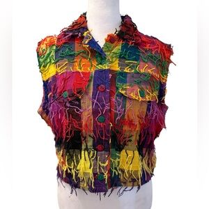 Medium Multicolor Rainbow Shaggy Fringe Patchwork Cropped Vest Top Estefanie’s
